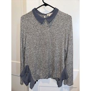 Monteau Gray Long Sleeve Thin Knit Sweater Collared Shirt Size L